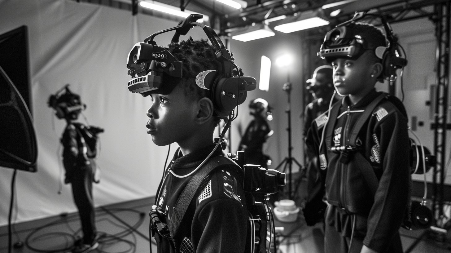 Kids with mocap gear at computers